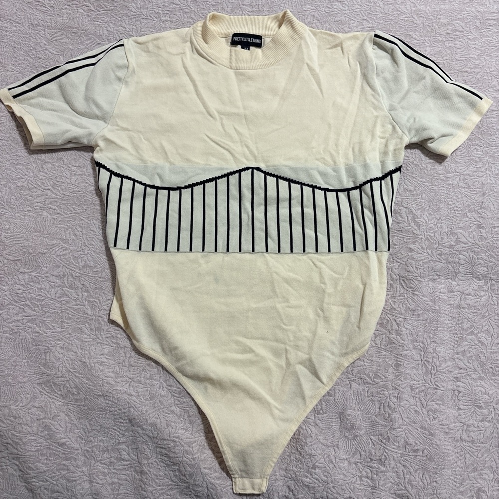 White and Black Striped Bodysuit Pretty Little Thing